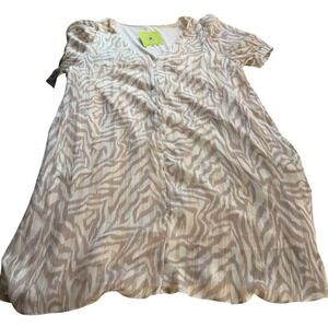 Adrienne Tiger Gold Stripe Dress Tan Cream V-Neck Puff Sleeve Mini Large DR4842